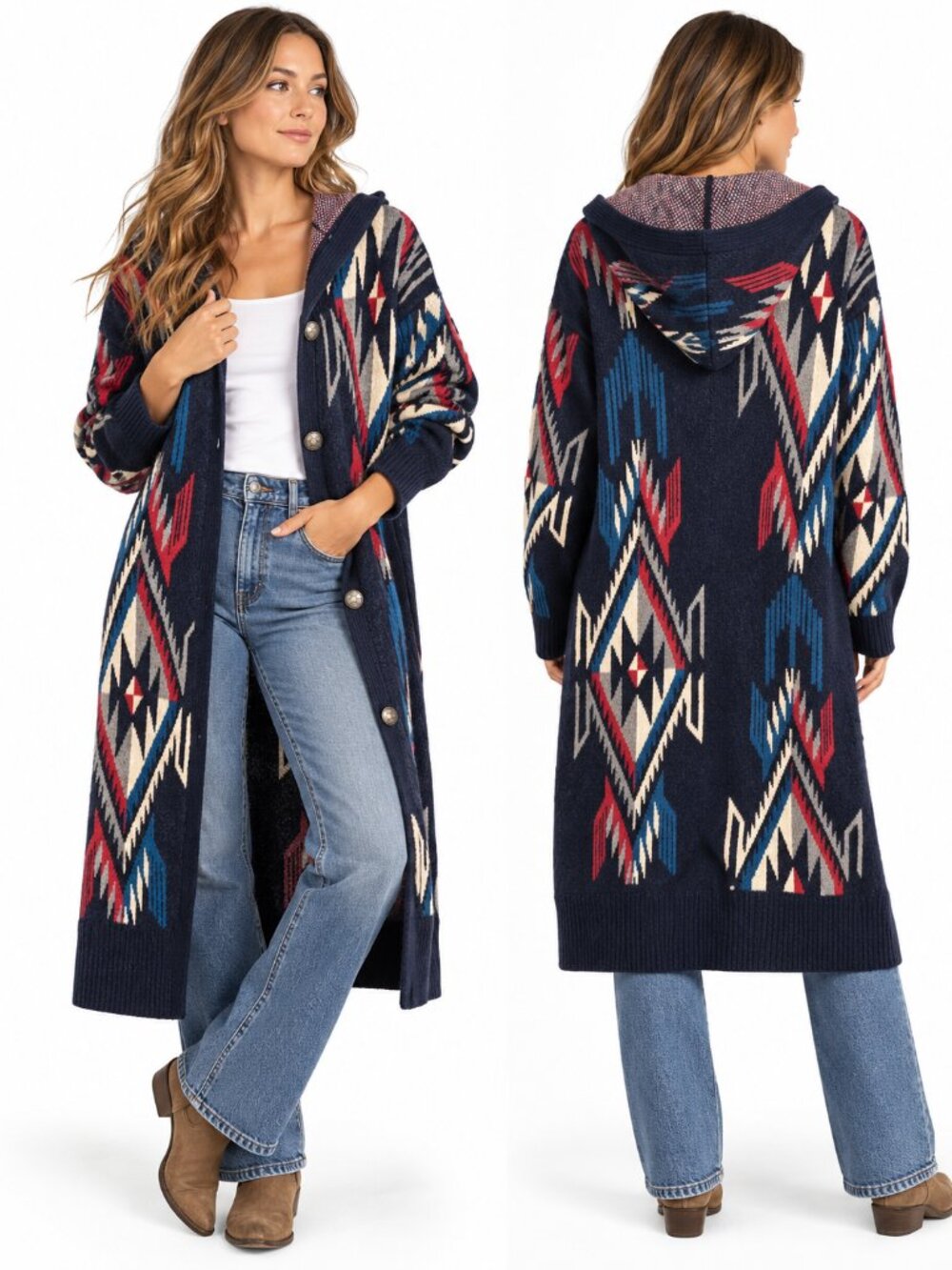 Ariat Chimayo Long Hooded Wool Blend Navy Blue Aztec Sweater Coat Womens Sz M